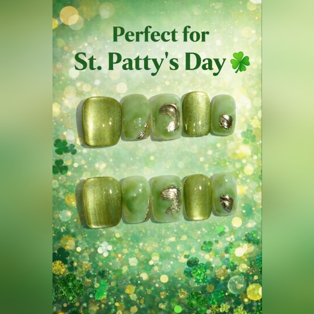 Green Cat Eye Short Square Nails With Gold Accents Perfect For St Patty's Day 🍀